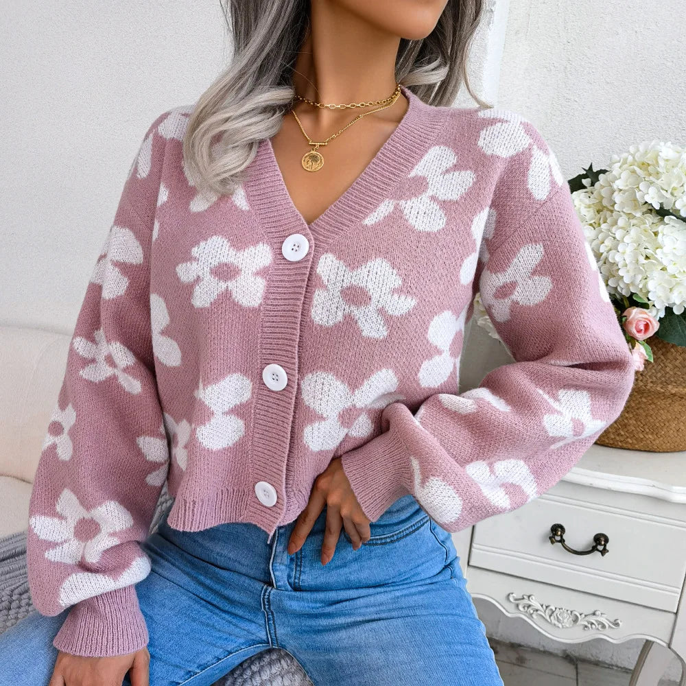 Women's Knitted Cardigan V Neck Single Breasted Sweater Flower Lantern Sleeve Jumper