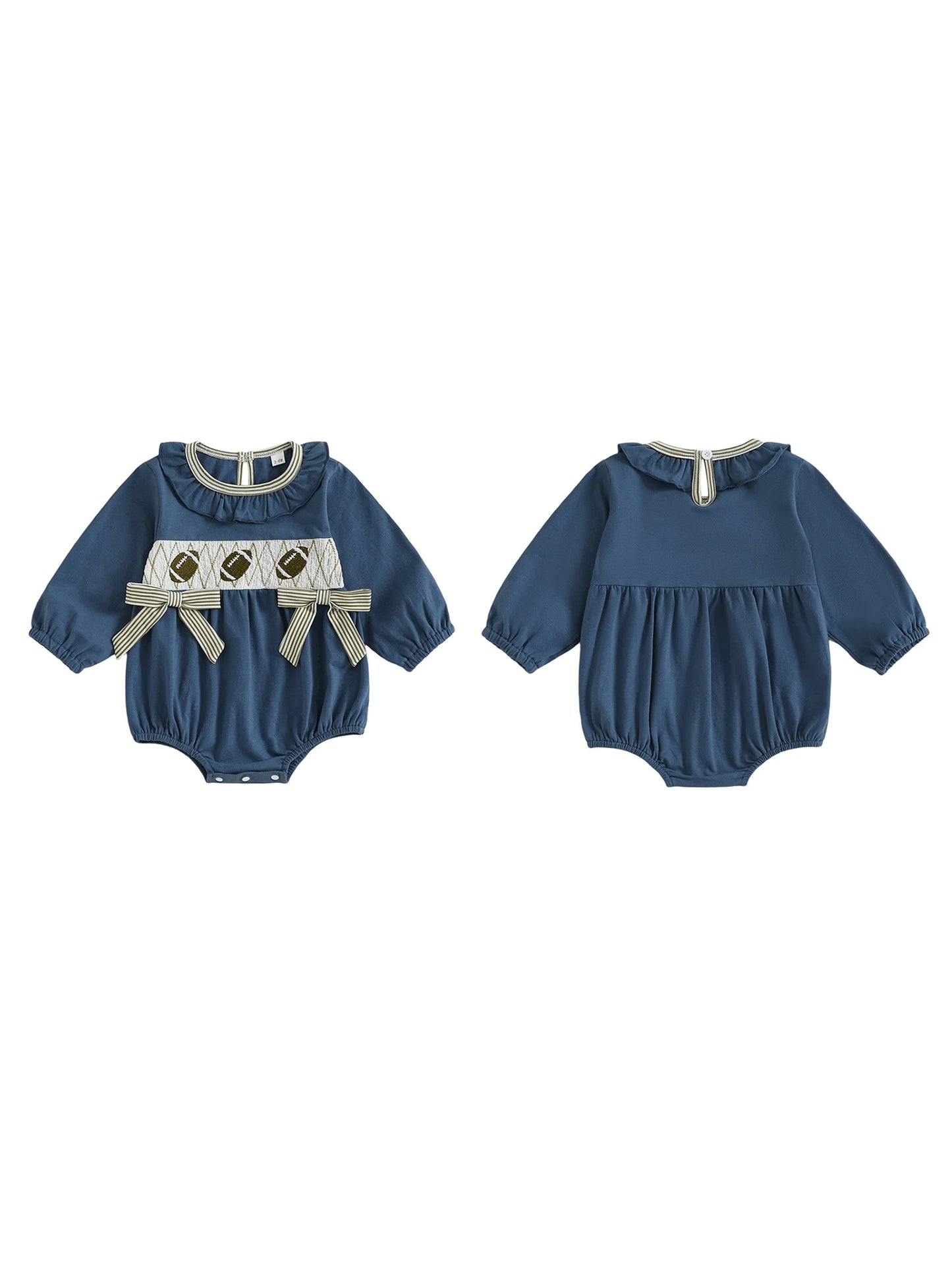 Baby Girls Autumn Winter Romper - Football Embroidery Ruffled Bubble Jumpsuit with Bow (0-18M)