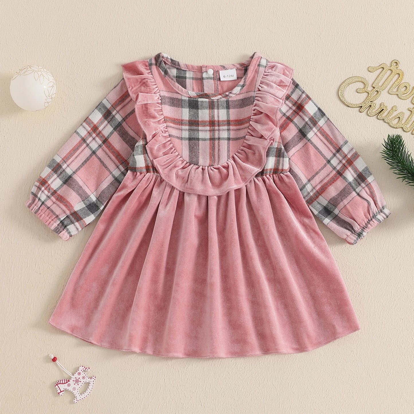 0-4Y Girl Christmas Plaid Print Velvet Patchwork Long Sleeve Crew Neck Ruffled A-Line Dress