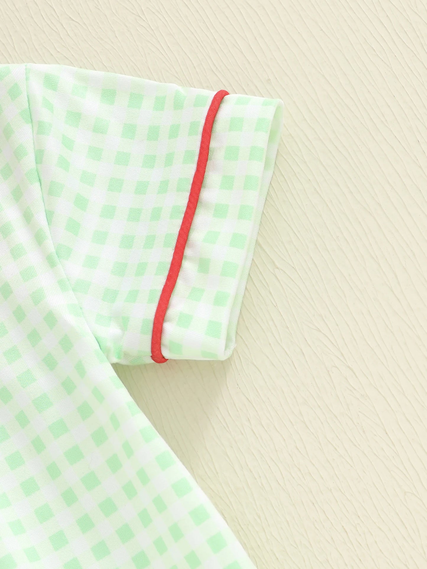 Baby Girls Plaid Romper - Wreath Embroidery Short Sleeve Doll Collar Bubble Jumpsuit
