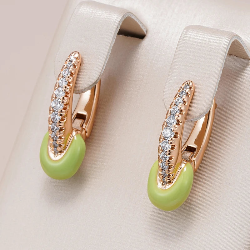 Women's Natural Zircon 585 Rose Gold Colour Green Enamel Drop Earrings