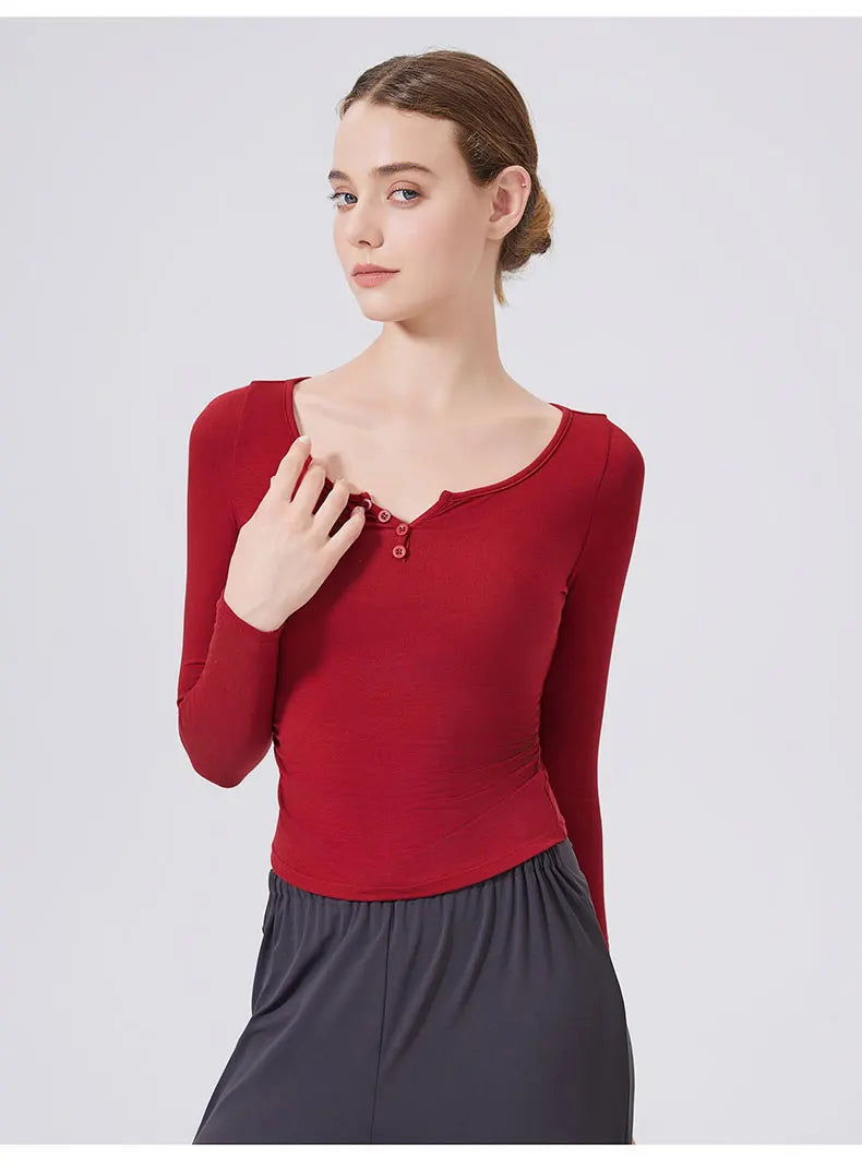 Women's Long Sleeve V-Neck Yoga Shirt - Slim Fit Breathable Workout Top