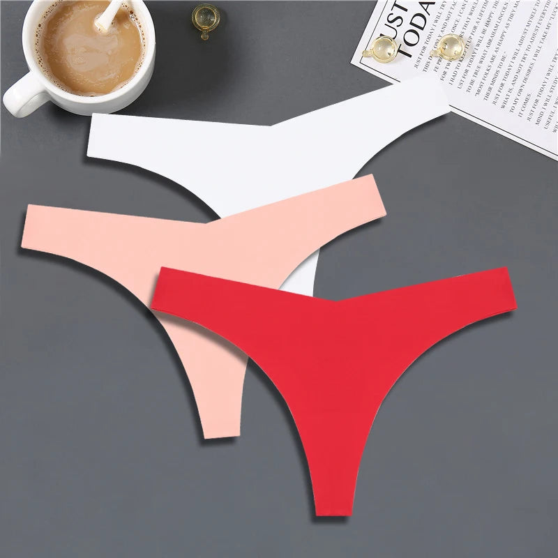 3PCS Women Ice Silk Seamless Underpants Panties, V-Waist Sport Thongs Low Rise 10 Solid Colours Breathable G-string