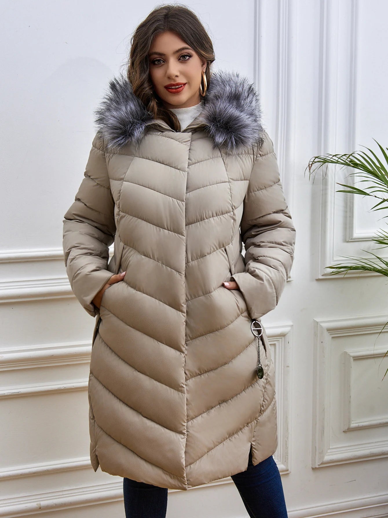 Women's Fur Collar Down Coat - Extra Long Winter Jacket
