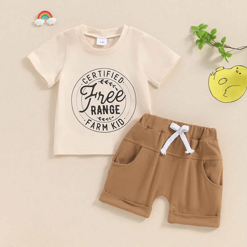 0-3Y Infant Baby Boys Summer Clothes Sets - 2pcs Short Sleeve Letter Farm Print Tops and Drawstring Shorts