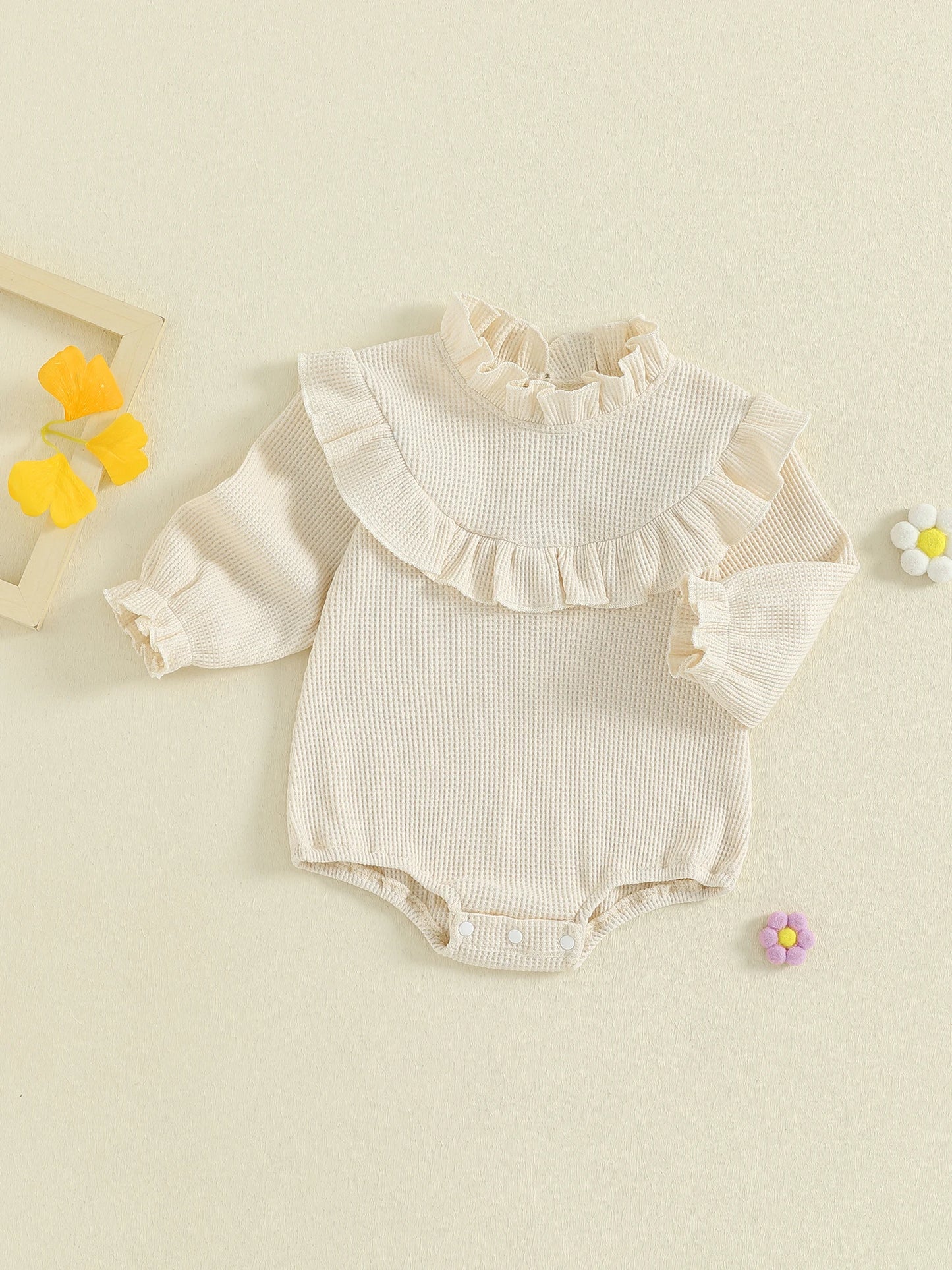 Newborn Baby Girls Waffle Romper - Long Sleeve Mock Neck Ruffled Jumpsuit