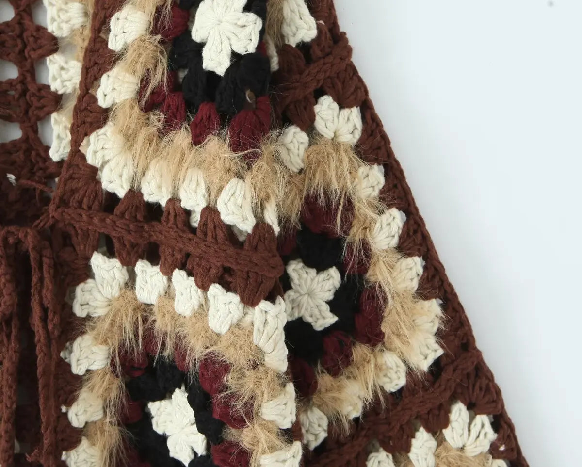 Boho Plaid Handmade Crochet Cardigan - Long Sleeve Lace Up Autumn Sweater