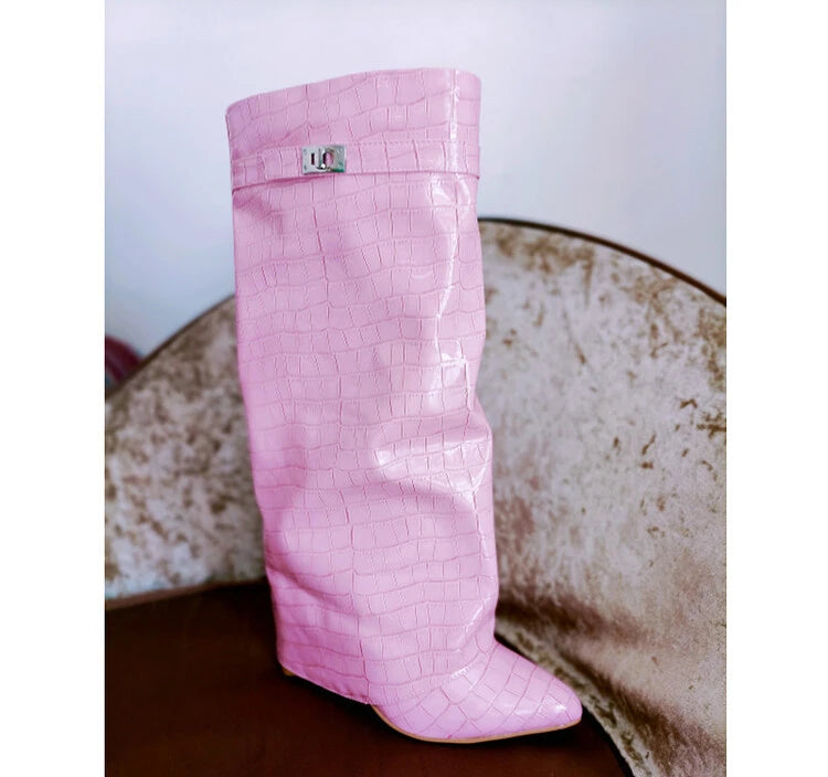 Women's Wedge Leather Mid-Calf Boots - 10cm Heel Metal Buckle Boots