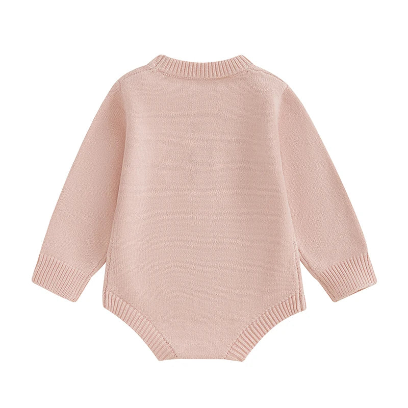 Baby Unisex Knit Long Sleeve Romper | Letter & Rabbit Festival Print | O-Neck | Covered Button | Cotton Blend | All Seasons | 3–18 Months