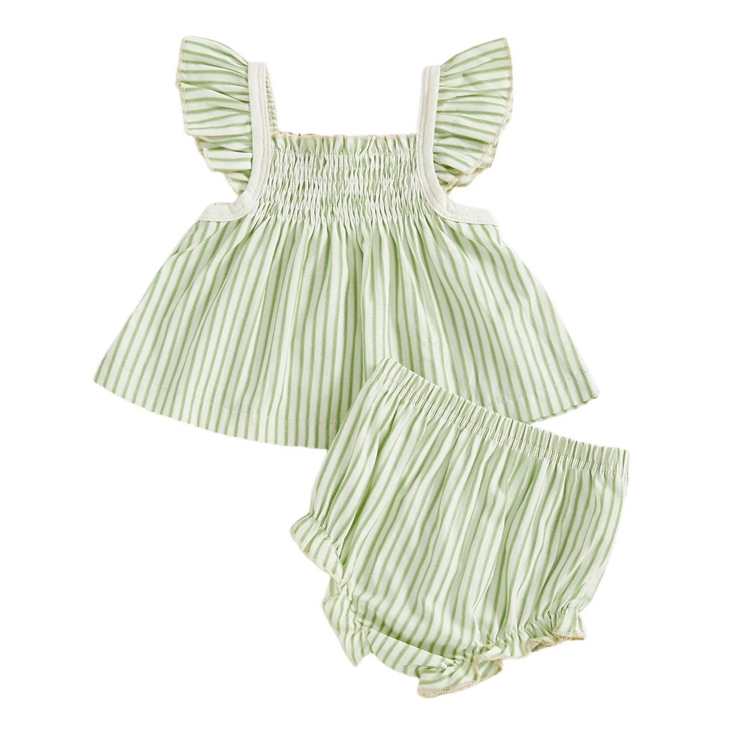 Baby Girls Striped Summer Outfit Set - Flying Sleeve Top & Shorts (0-24M)