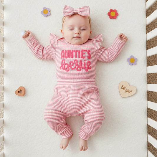 Newborn Baby Girls 3-Piece Outfit Set - Striped Romper, Pants & Headband (0-12M)