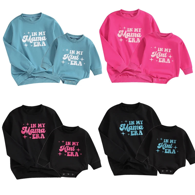 Mommy and Me Matching Sweatshirts/Romper 0-24M Long Sleeve Letter Print Crew Neck Pullovers/Jumpsuits