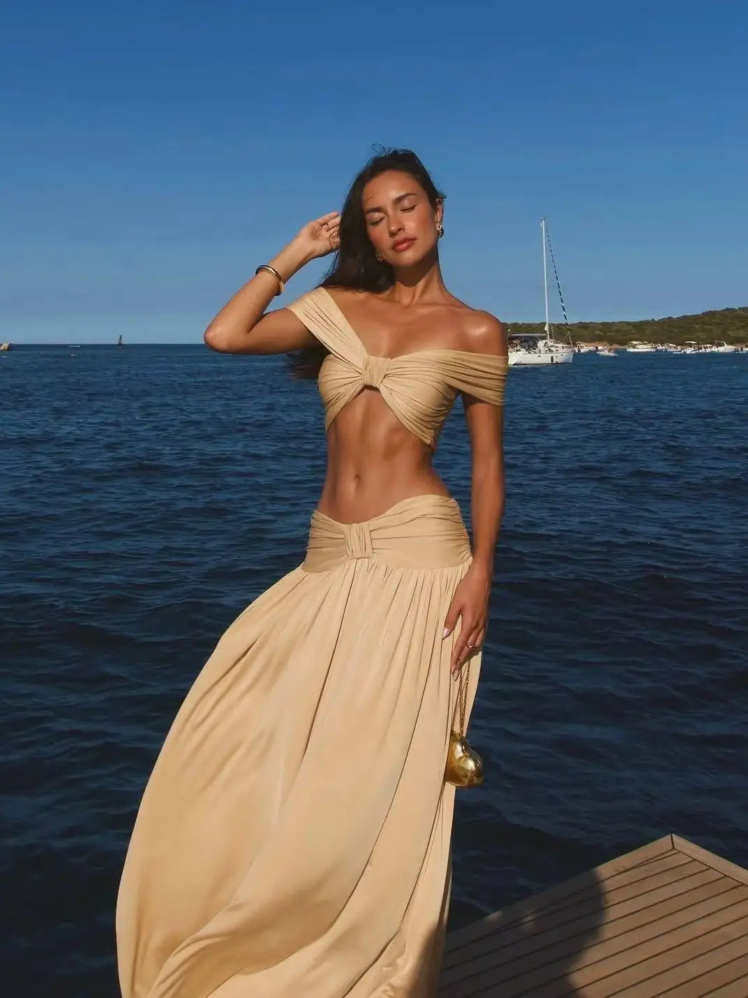 Women's Two Piece Off-Shoulder Halter Set - High Waist A-Line Ruched Skirt