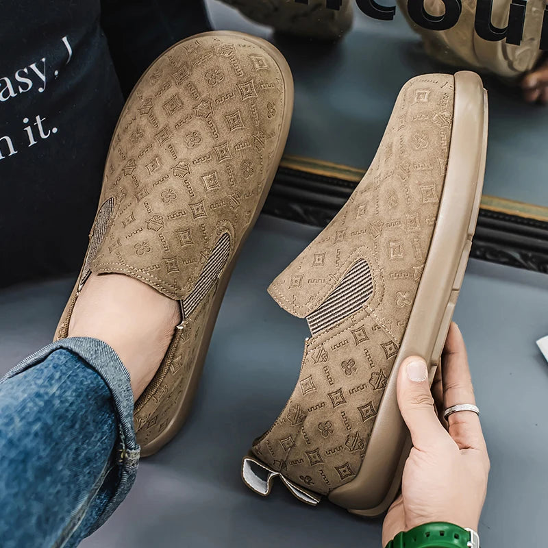 Men's Print Loafers Slip-on Suede Leather Flat Shoes