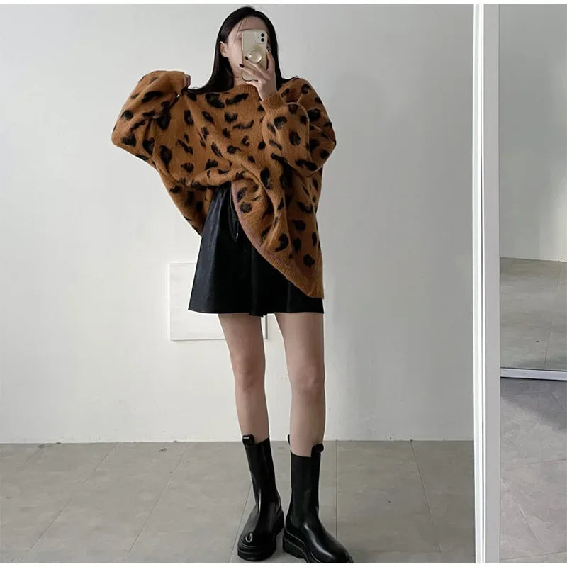 Women's Leopard Print Pullover Loose Oversized Sweater