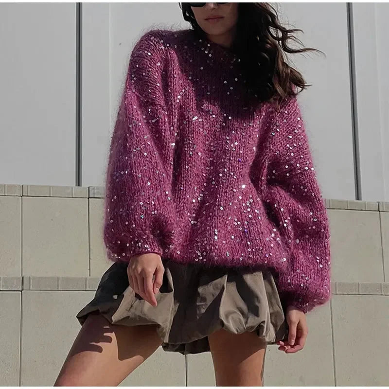 Women's Sequined Mohair  Loose Round neck Lantern Long Sleeve Glitter Knitted Pullover Sweater