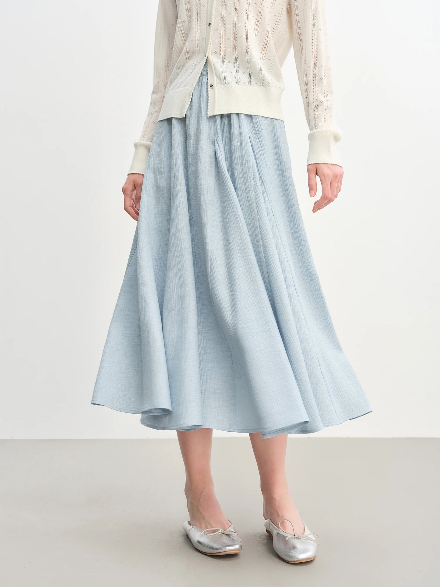 Pleated A-Line Midi Skirt - Textured White Long Skirt