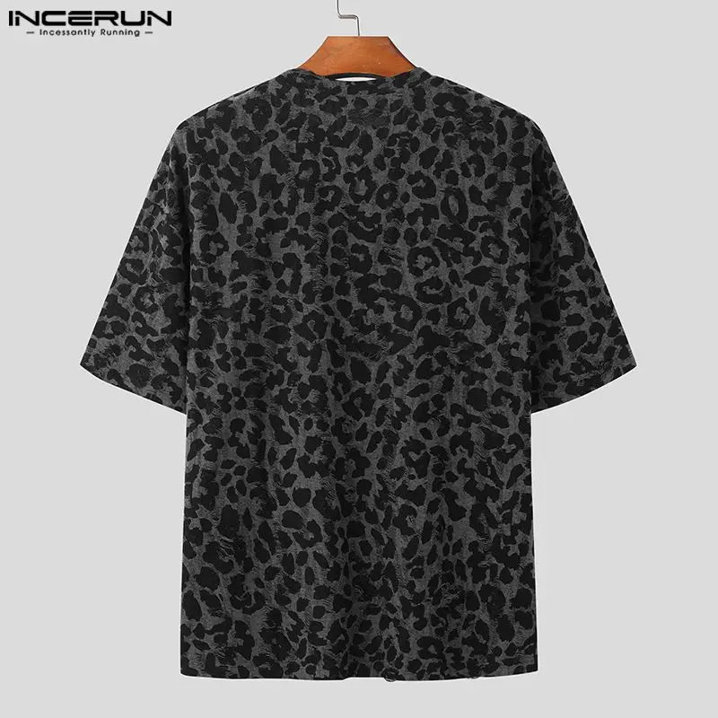 Men's Leopard Print Round Neck Short Sleeve Loose T-shirt