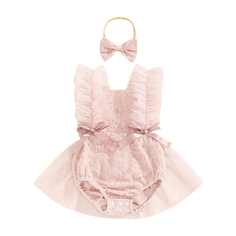 Baby Girls Princess Romper Dress with Hairband - Lace Flower Embroidery Tulle Jumpsuit