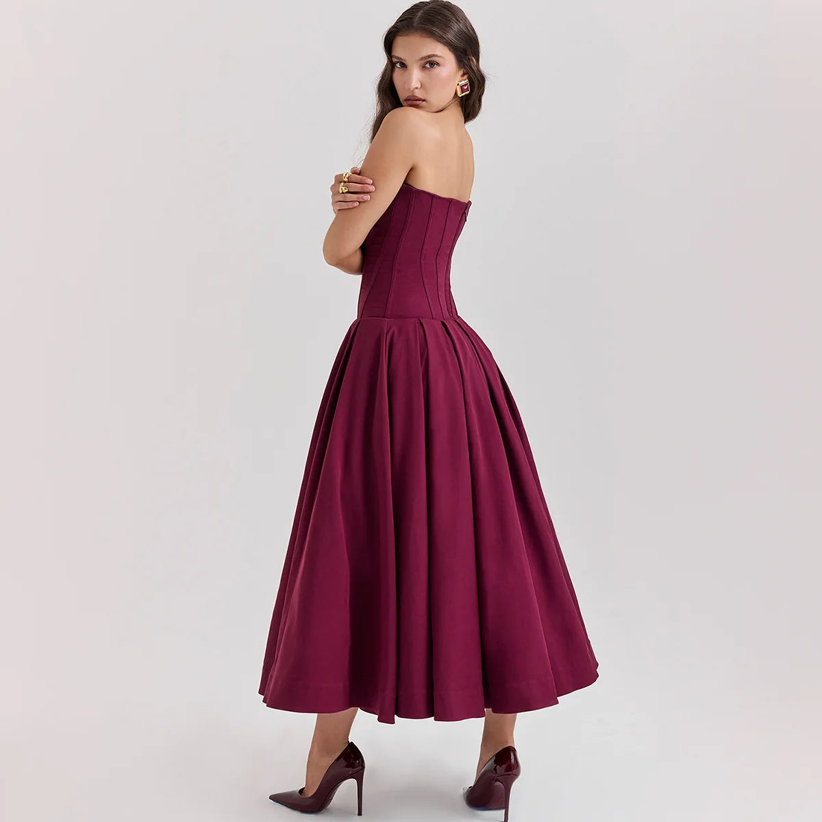 Strapless V Bar Slinky Midi Dress  Outfit - Women Frill Hem Sleeveless Corset Dress