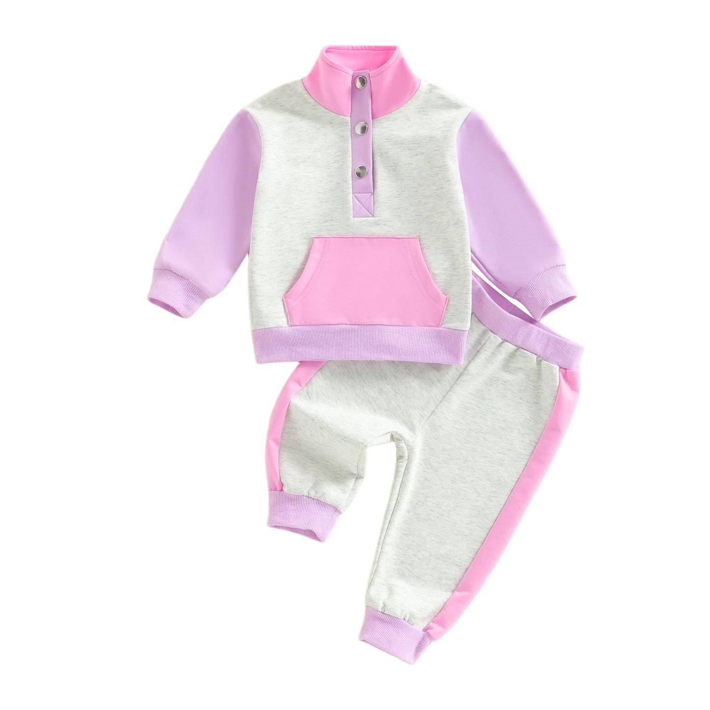 Toddler Kids Boys Girls Colour Patchwork Long Sleeve Stand Collar Pullover and Pants Set