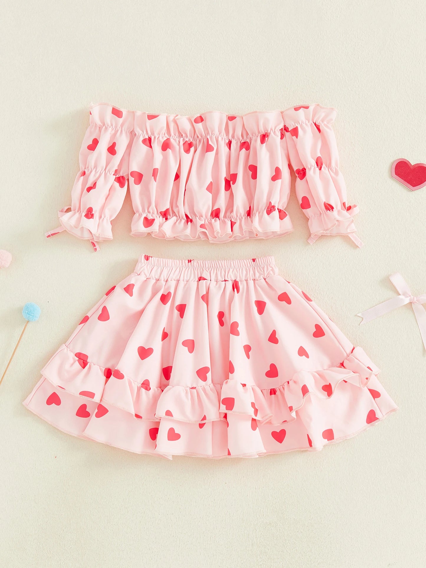 Valentine's Day Girls Outfit Set - Heart Print Off Shoulder Top & A-Line Skirt