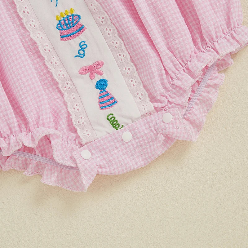 Baby Girls Birthday Romper with Cake Embroidery - Plaid Doll Collar Jumpsuit (0-24M)