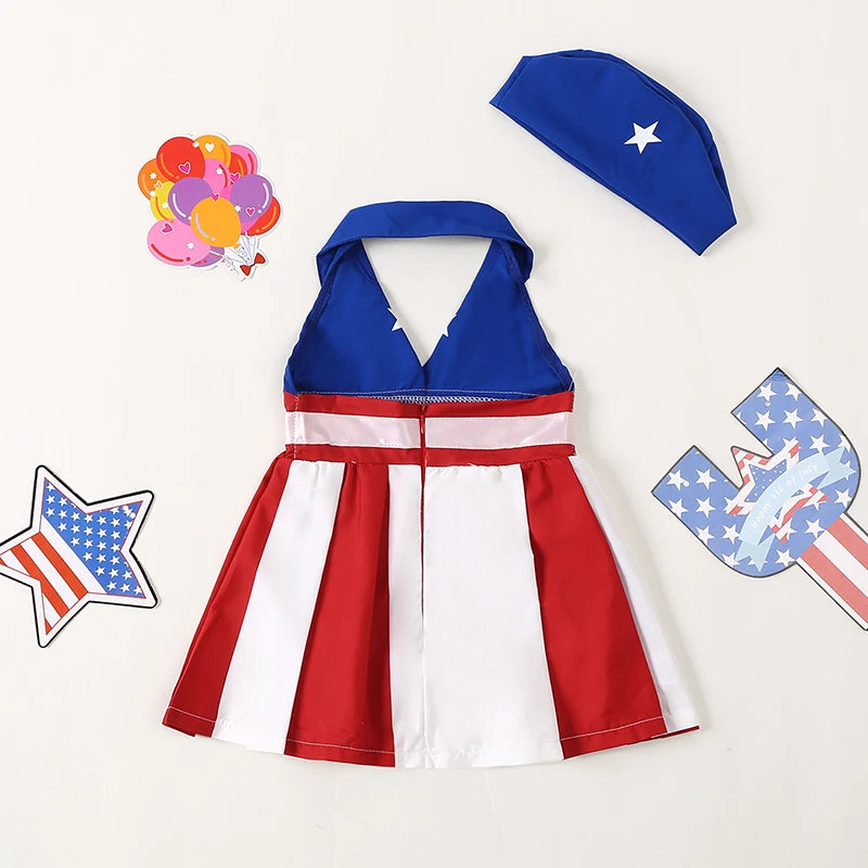 1-5Y Girls American Flag Sleeveless Halter Neck Striped Star Patchwork A-Line Dress  with Hat