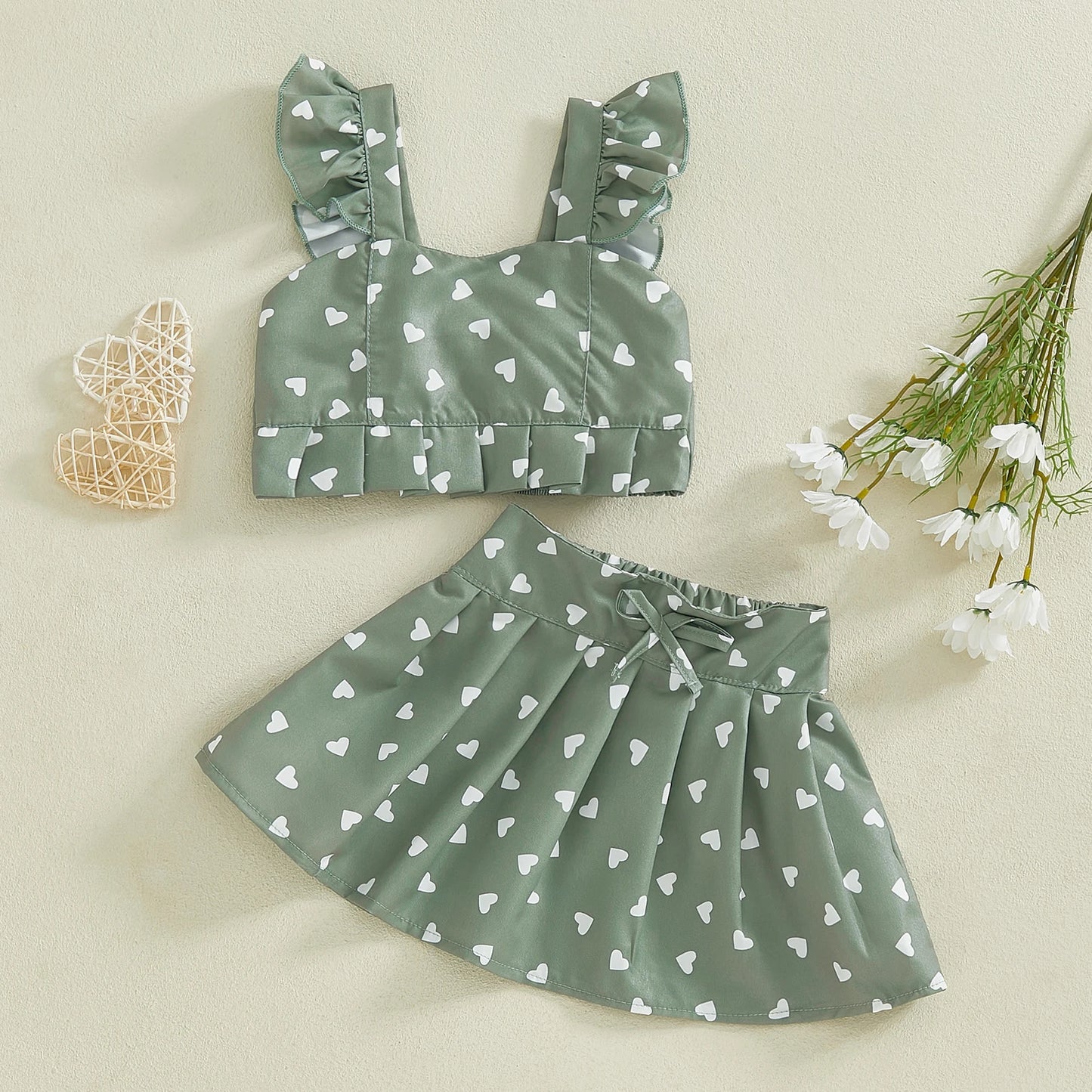 0-4Y  Kids Girl's Summer Clothes Set Fruit Print Flutter Sleeve Tank Top with Bow A Line Skirt