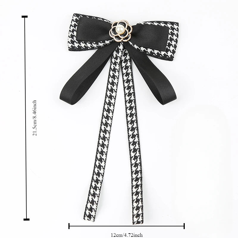 Houndstooth Ribbon Bow Brooch with Pearl