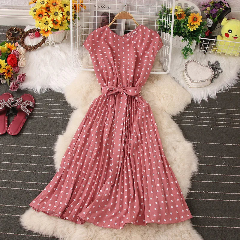 Women's Dot Print Chic Summer  High Waist Knee Length Bandage Medium Long Dress