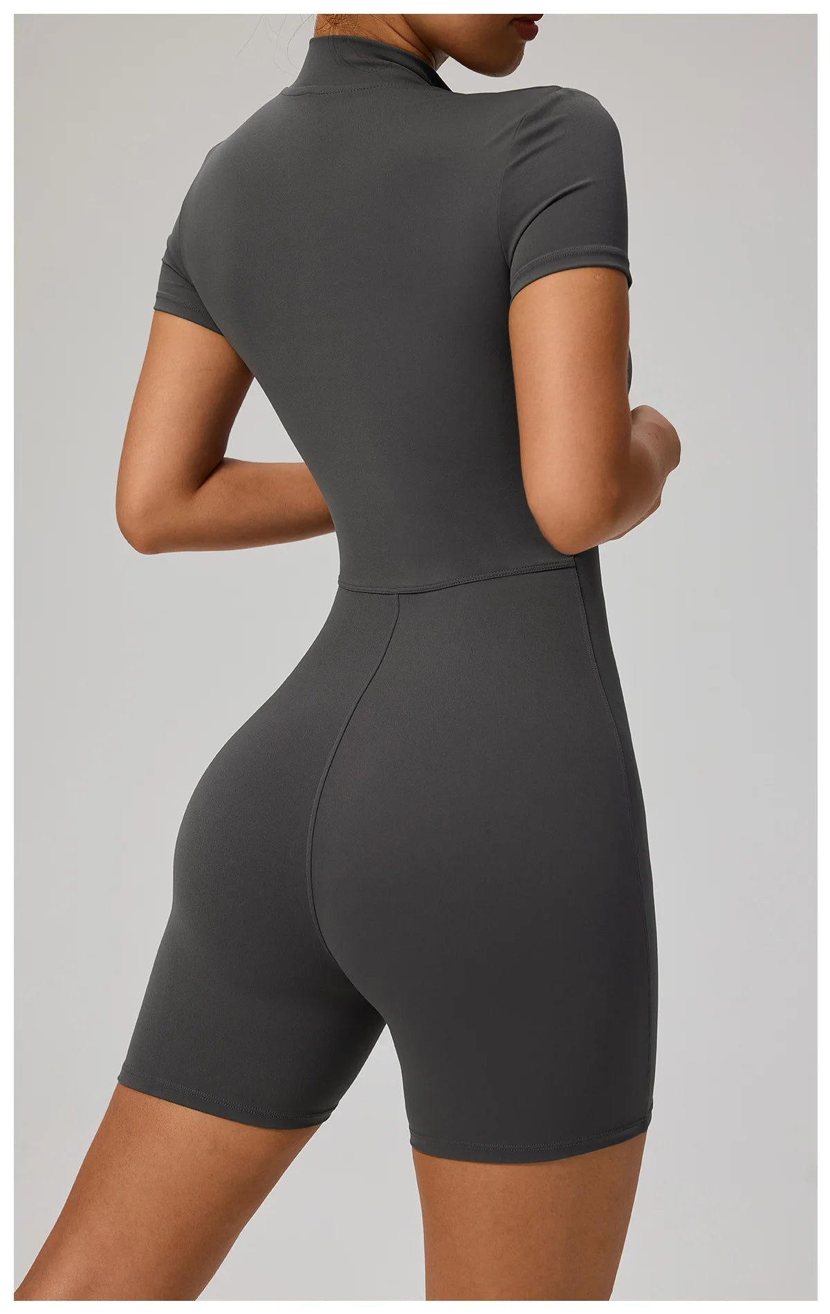 Zipper Front Jumpsuit - Short Sleeve Nylon Workout Set for Gym & Yoga