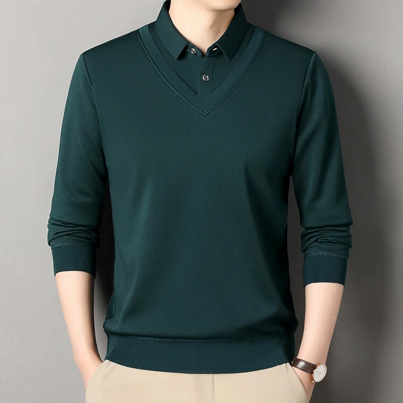 Men's Fleece Knit T-Shirt - Fake Two-Piece Smart Casual Tee for Autumn Winter