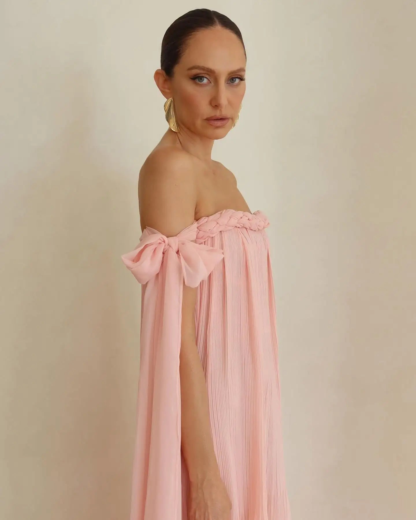 Off-Shoulder Braided Tie Maxi Dress - Pleated A-Line Summer Beach Dress