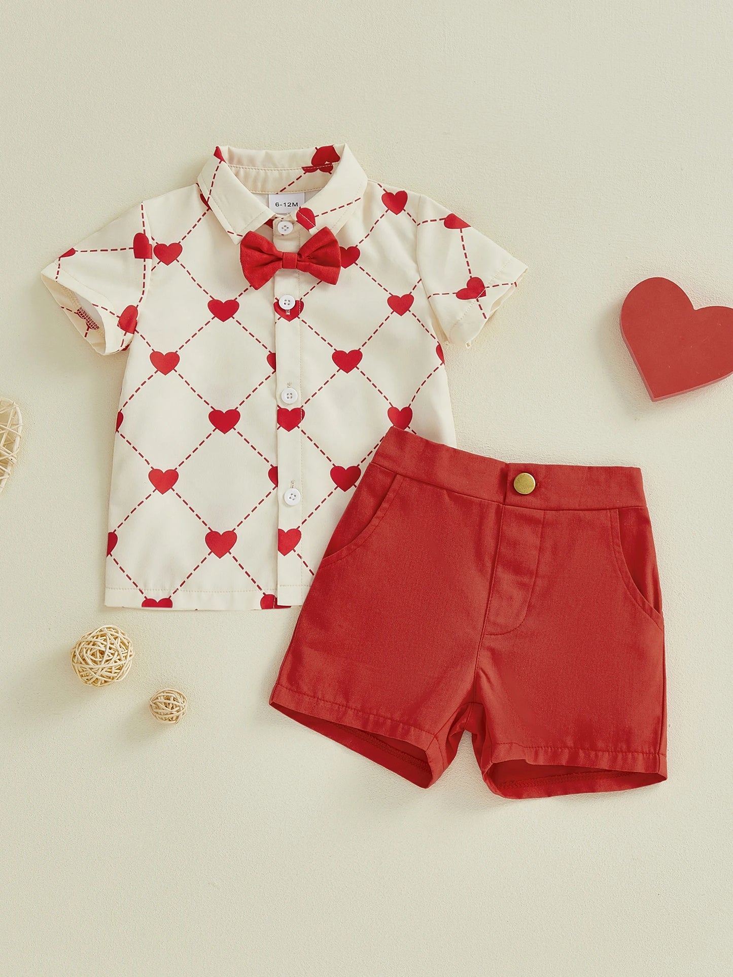 Valentine's Day Baby Boy Outfit Set - Heart Print Bowtie Shirt & Solid Shorts