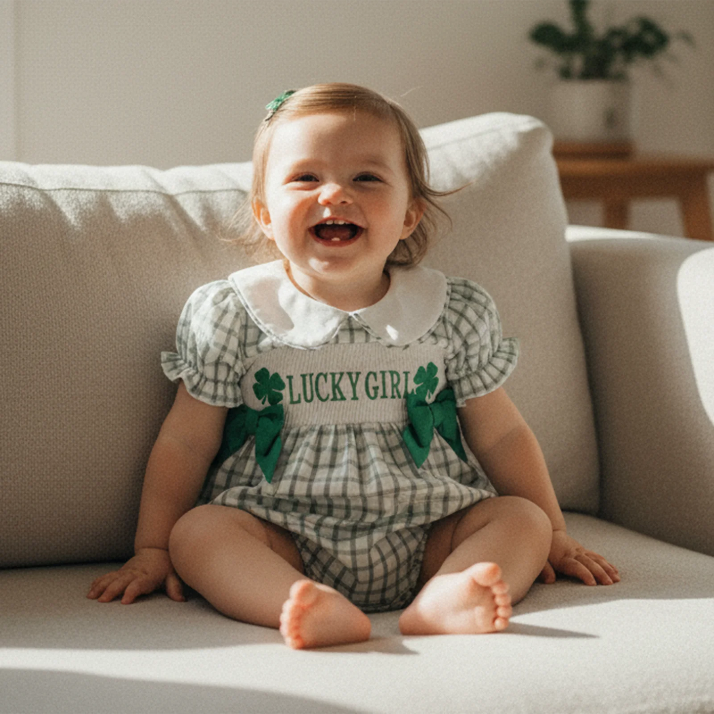 Newborn Baby Girls Boys Irish Plaid Clover Embroidered Short Sleeve Doll Collar Romper