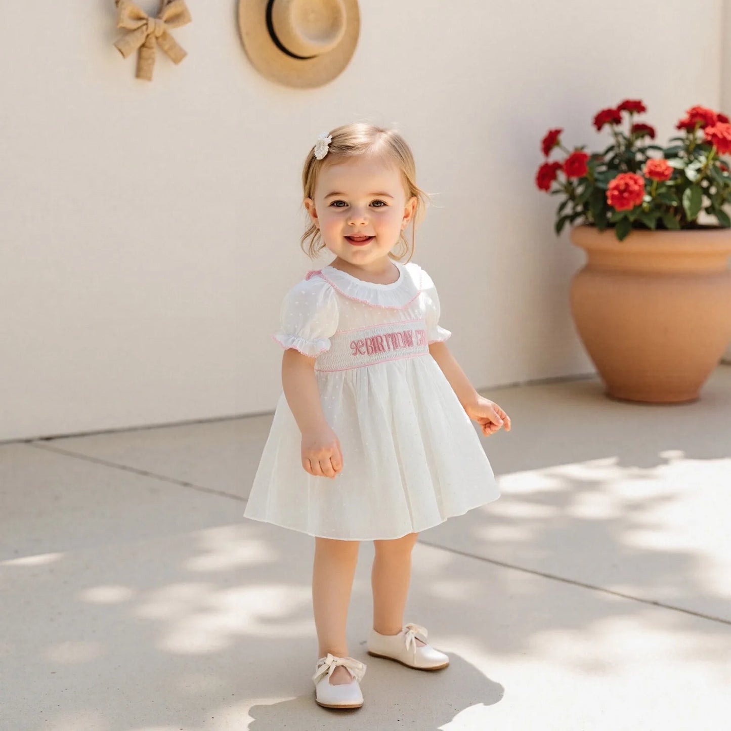 0-4Y  Kids Girls Birthday Dress 2 Style Short Sleeve Cake Embroidery Smocked Dress Summer A-Line Dress