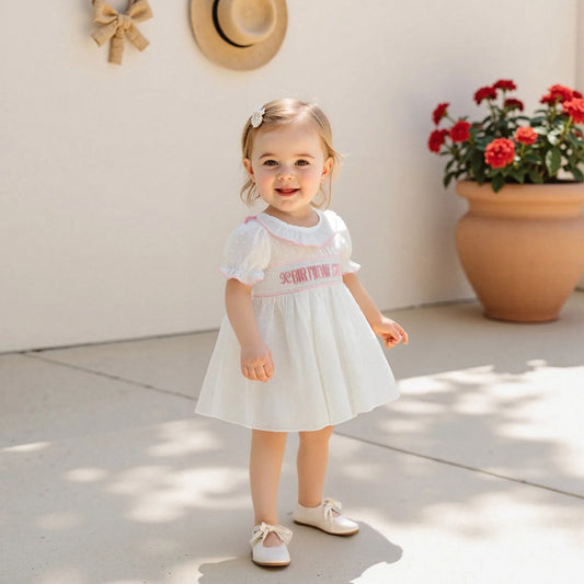 0-4Y  Kids Girls Birthday Dress 2 Style Short Sleeve Cake Embroidery Smocked Dress Summer A-Line Dress