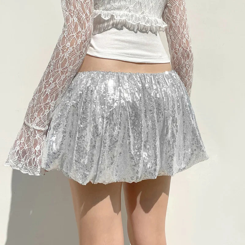 Women's Sequins Folds Low Waist Mini Skirt