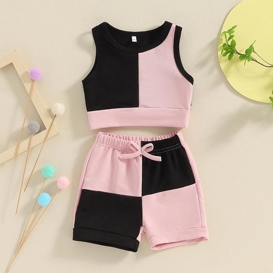 Toddler Baby Girls Summer Sleeveless Contrast Colour Tank Tops Drawstring Shorts Sets 1-5 Years Old
