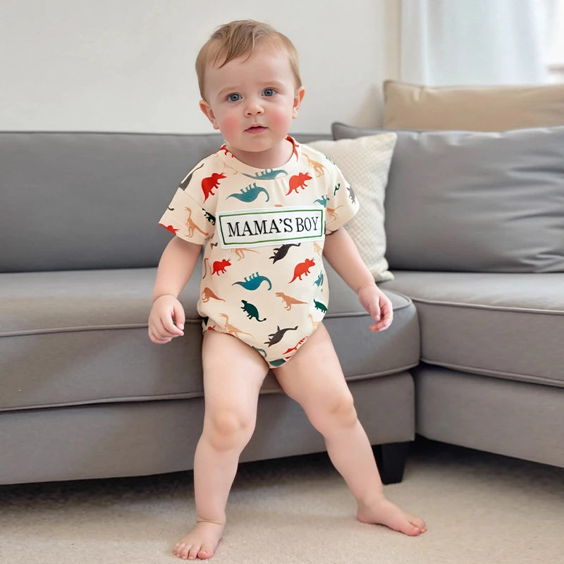 Baby Boys Dinosaur Romper - Letter Embroidery Short Sleeve Bodysuit (0-18M)