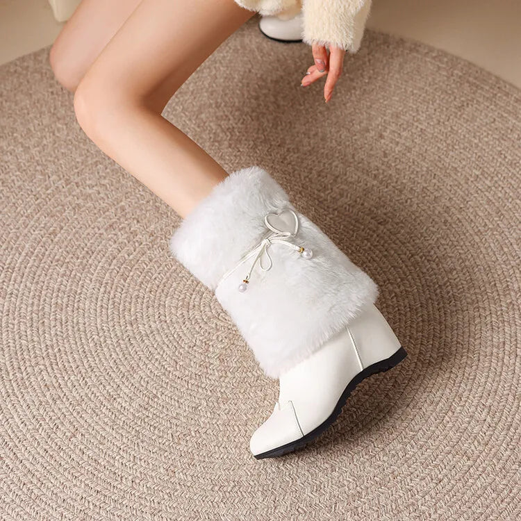 Women's Love Pearl Plush Leather Round Toe Short Boots