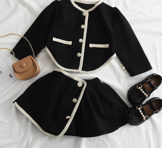 Girl's Round Neck Long Sleeve Top and Short Skirt Set