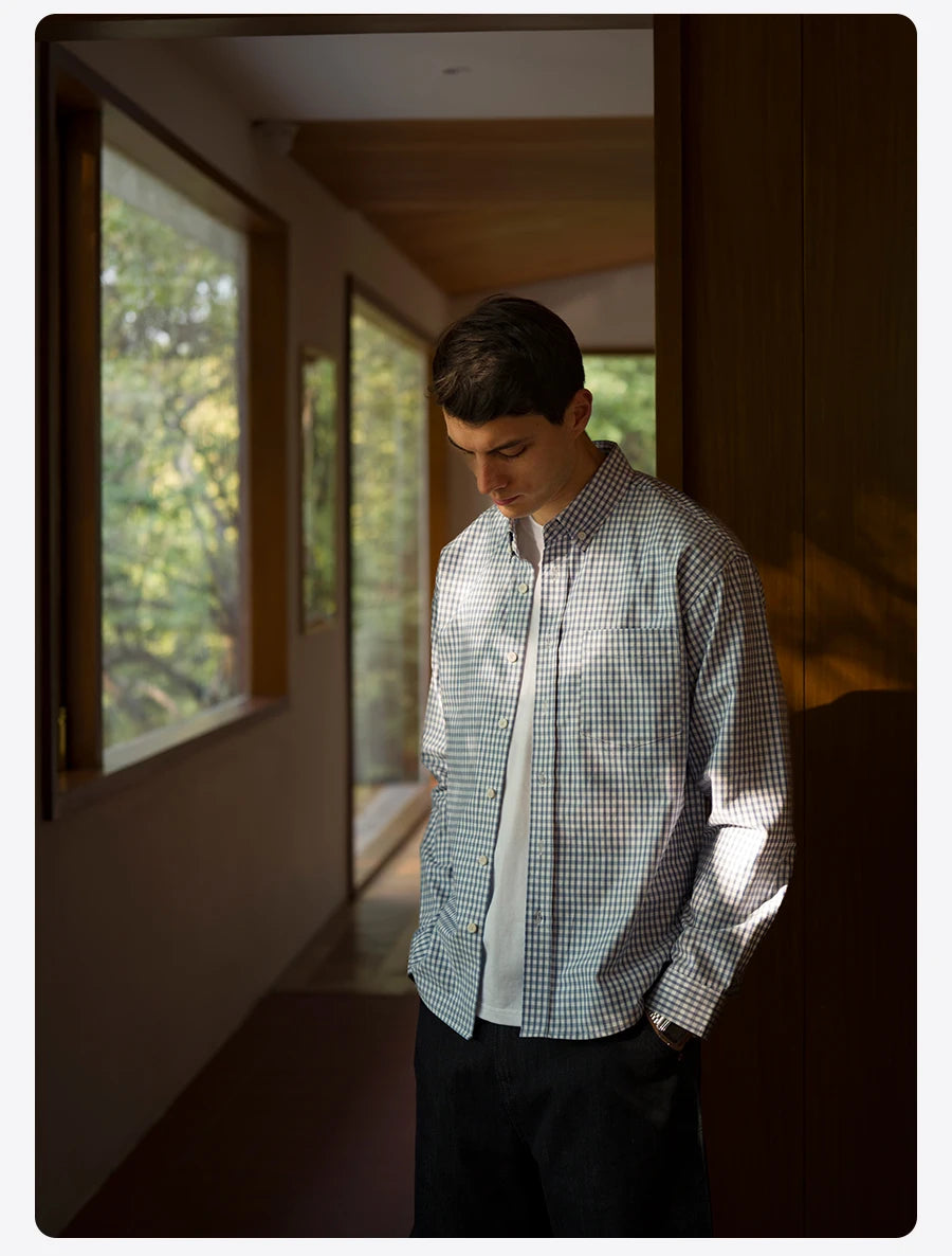 Men's Spring Oversize 170gsm Liquid Ammonia Finish 100% Cotton Fabric Checked Plaid Casual Shirt