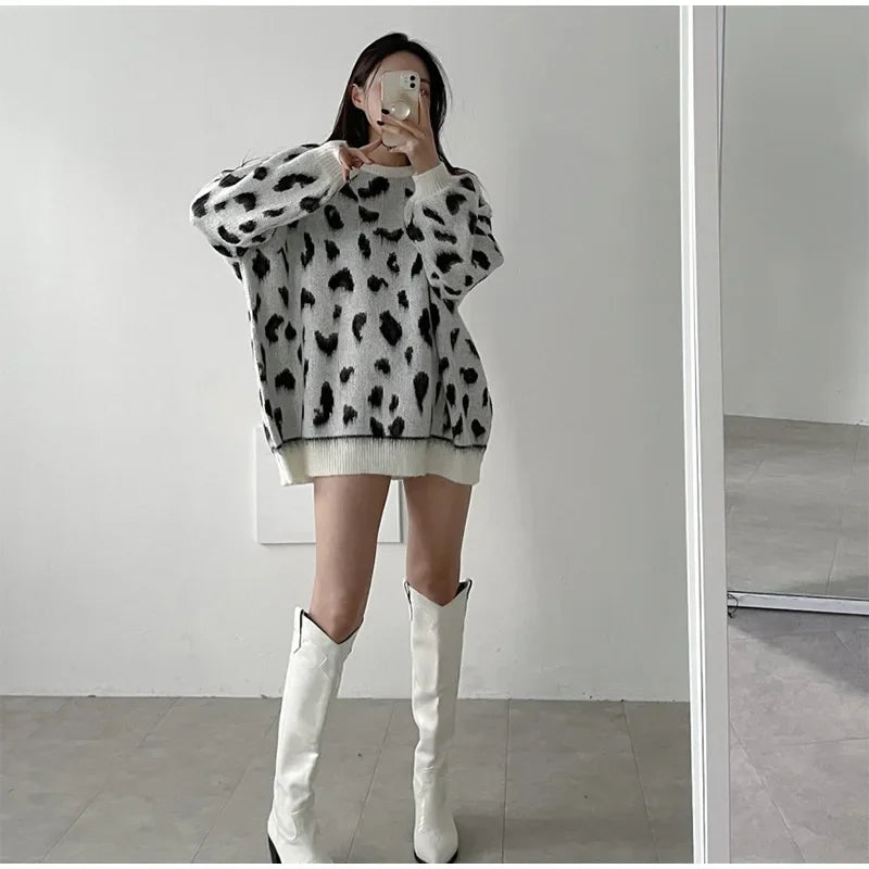 Women's Leopard Print Pullover Loose Oversized Sweater