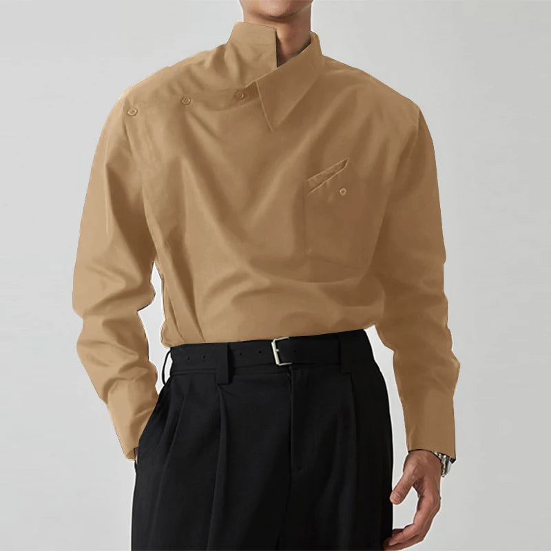 Men's Irregular Shirt Solid Colour Stand Collar Loose Long Sleeve Shirt