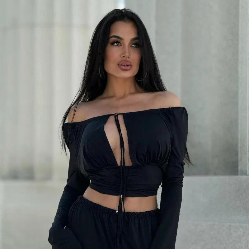 Women's Off Shoulder Tie Front Cropped Top with Cut Out Detail