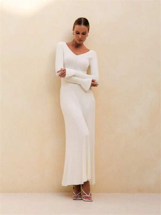 Women's Ribbed Knitted Maxi Dress Outfits Basic Casual Vintage Long Sleeve V Neck Dresses Clothes