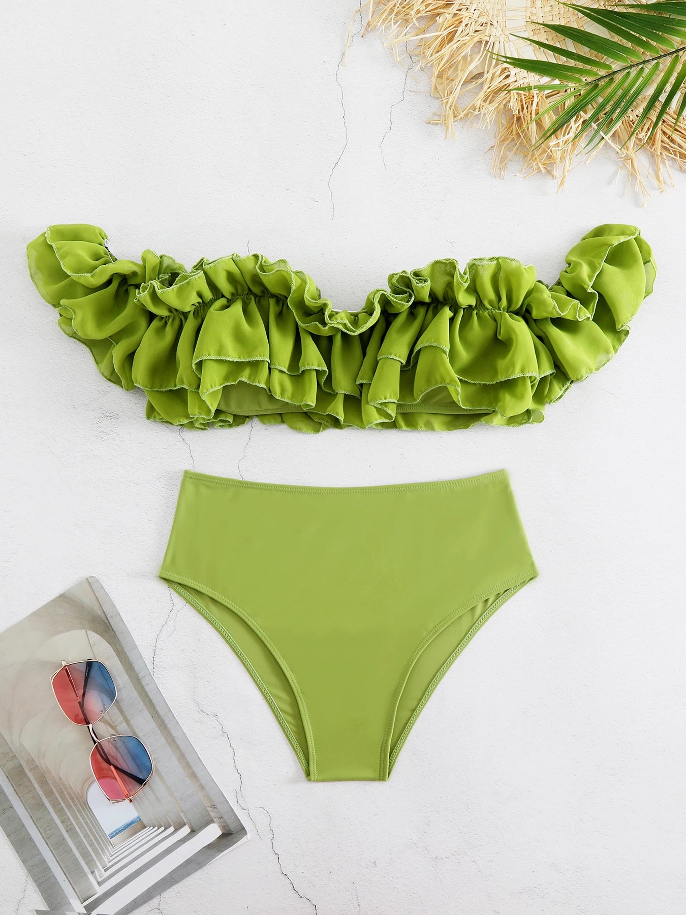 Women's Double Ruffle Bikini Swimsuit High Waist Swimwear Off The Shoulder Beachwear Bandeau Set