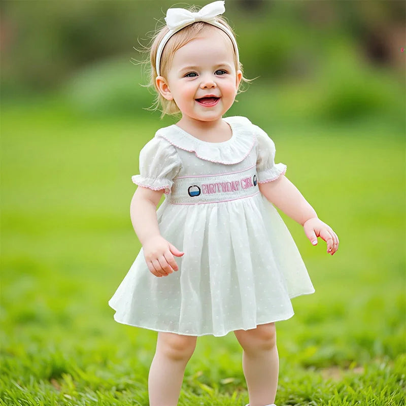 0-4Y  Kids Girls Birthday Dress 2 Style Short Sleeve Cake Embroidery Smocked Dress Summer A-Line Dress